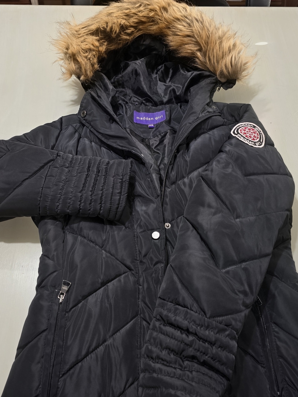 Madden Girl Black Puffer Coat with Faux-Fur Trimmed Hood